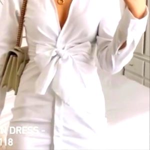 NWT Zara White Long Sleeves Tie Waist Front Long Sleeve Midi  Dress Sz Lg